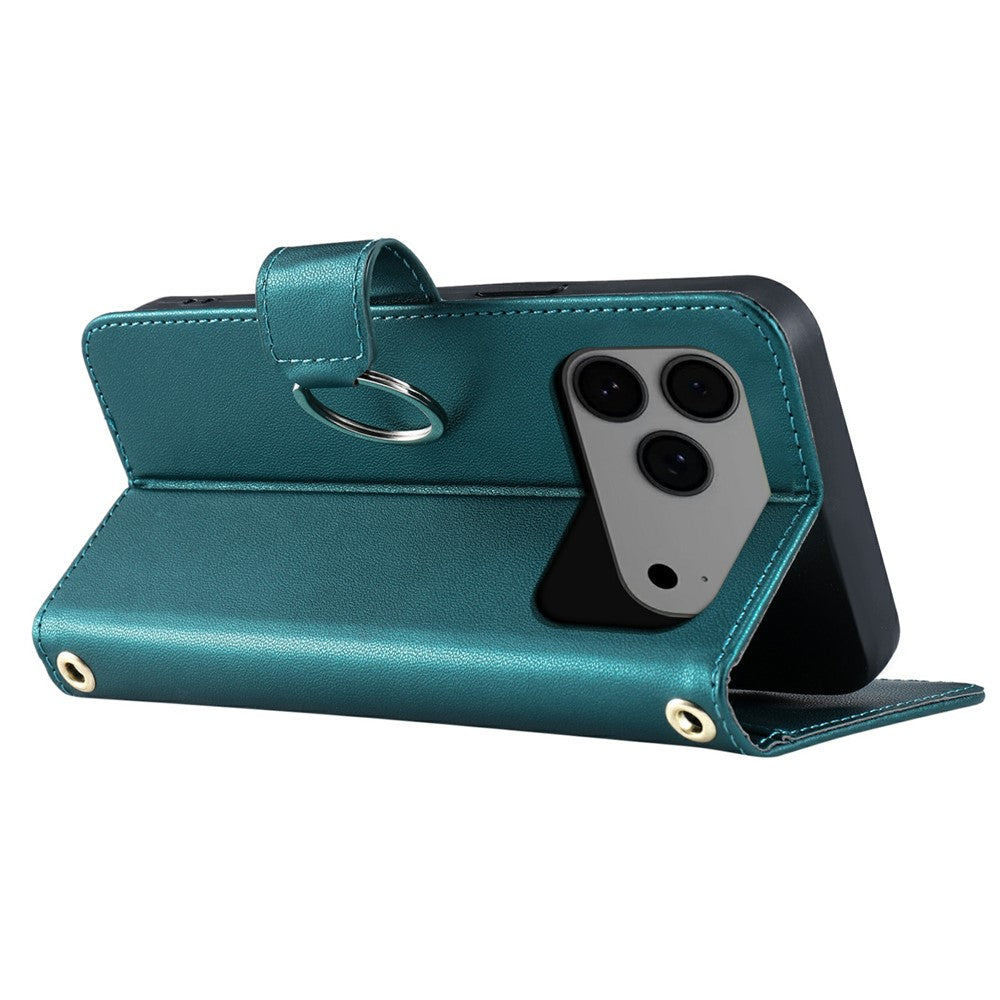For iPhone 17 Pro Max Case Ring Buckle Wallet Stand Rhombus Crossbody Leather Mobile Cover - Green