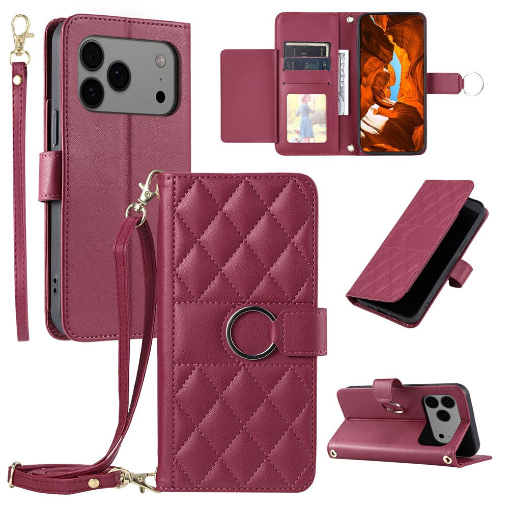 For iPhone 17 Pro Max Case Ring Buckle Wallet Stand Rhombus Crossbody Leather Mobile Cover - Red