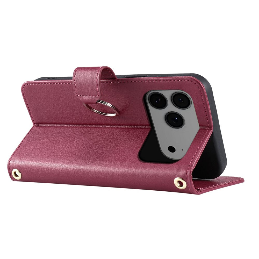 For iPhone 17 Pro Max Case Ring Buckle Wallet Stand Rhombus Crossbody Leather Mobile Cover - Red