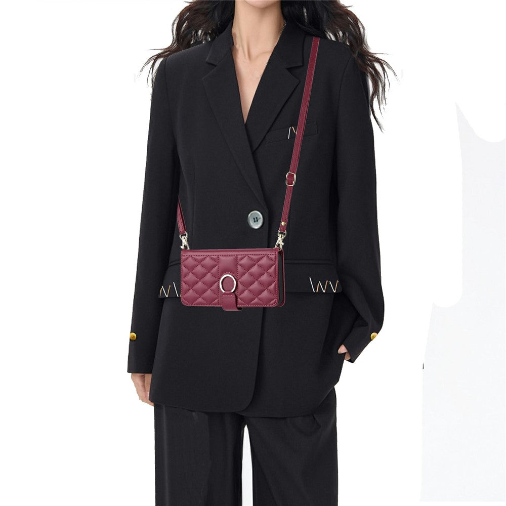 For iPhone 17 Pro Max Case Ring Buckle Wallet Stand Rhombus Crossbody Leather Mobile Cover - Red