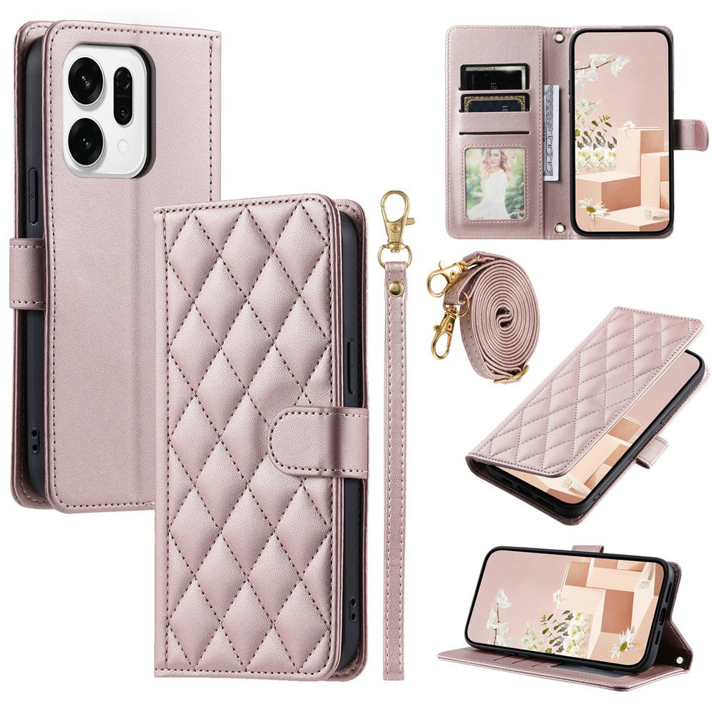 For Oppo Reno14 Pro 5G (Global) Case Wallet Rhombus Grid PU Leather Phone Cover with Shoulder Strap / Wrist Strap - Rose Gold