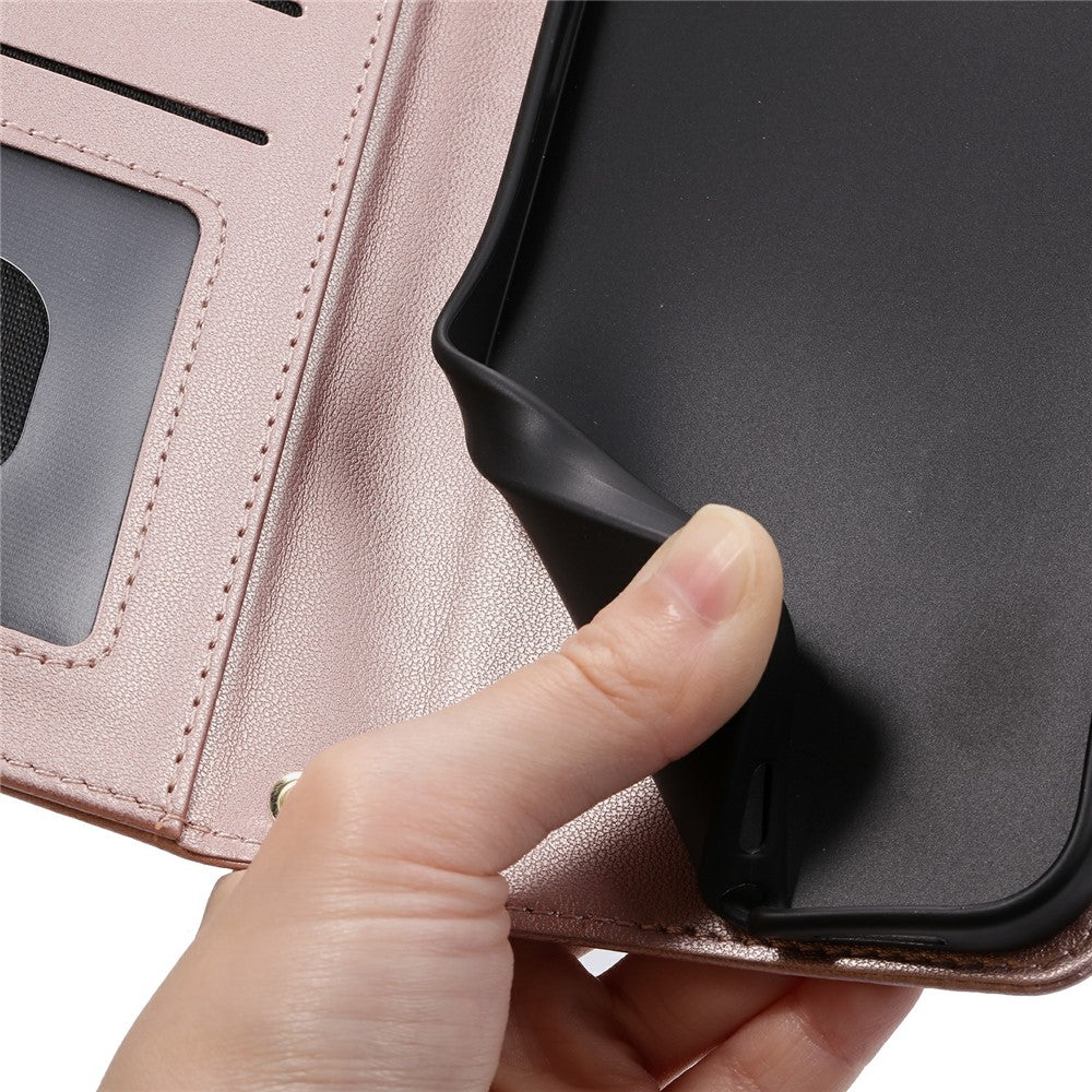 For Oppo Reno14 Pro 5G (Global) Case Wallet Rhombus Grid PU Leather Phone Cover with Shoulder Strap / Wrist Strap - Rose Gold