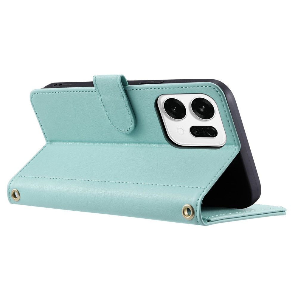 For Oppo Reno14 Pro 5G (Global) Case Wallet Rhombus Grid PU Leather Phone Cover with Shoulder Strap / Wrist Strap - Mint Green