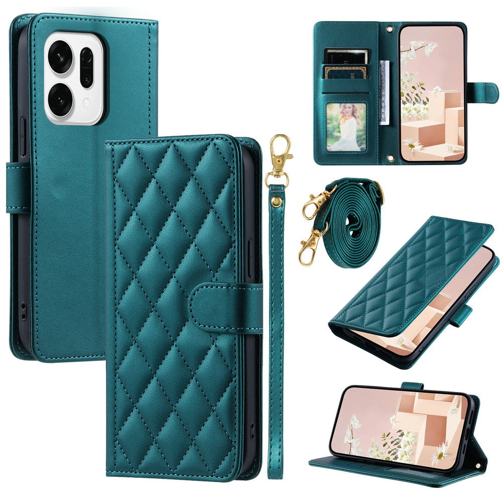 For Oppo Reno14 Pro 5G (Global) Case Wallet Rhombus Grid PU Leather Phone Cover with Shoulder Strap / Wrist Strap - Green
