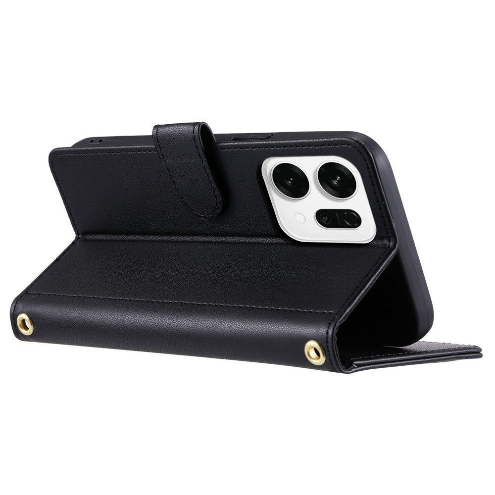 For Oppo Reno14 Pro 5G (Global) Case Wallet Rhombus Grid PU Leather Phone Cover with Shoulder Strap / Wrist Strap - Black