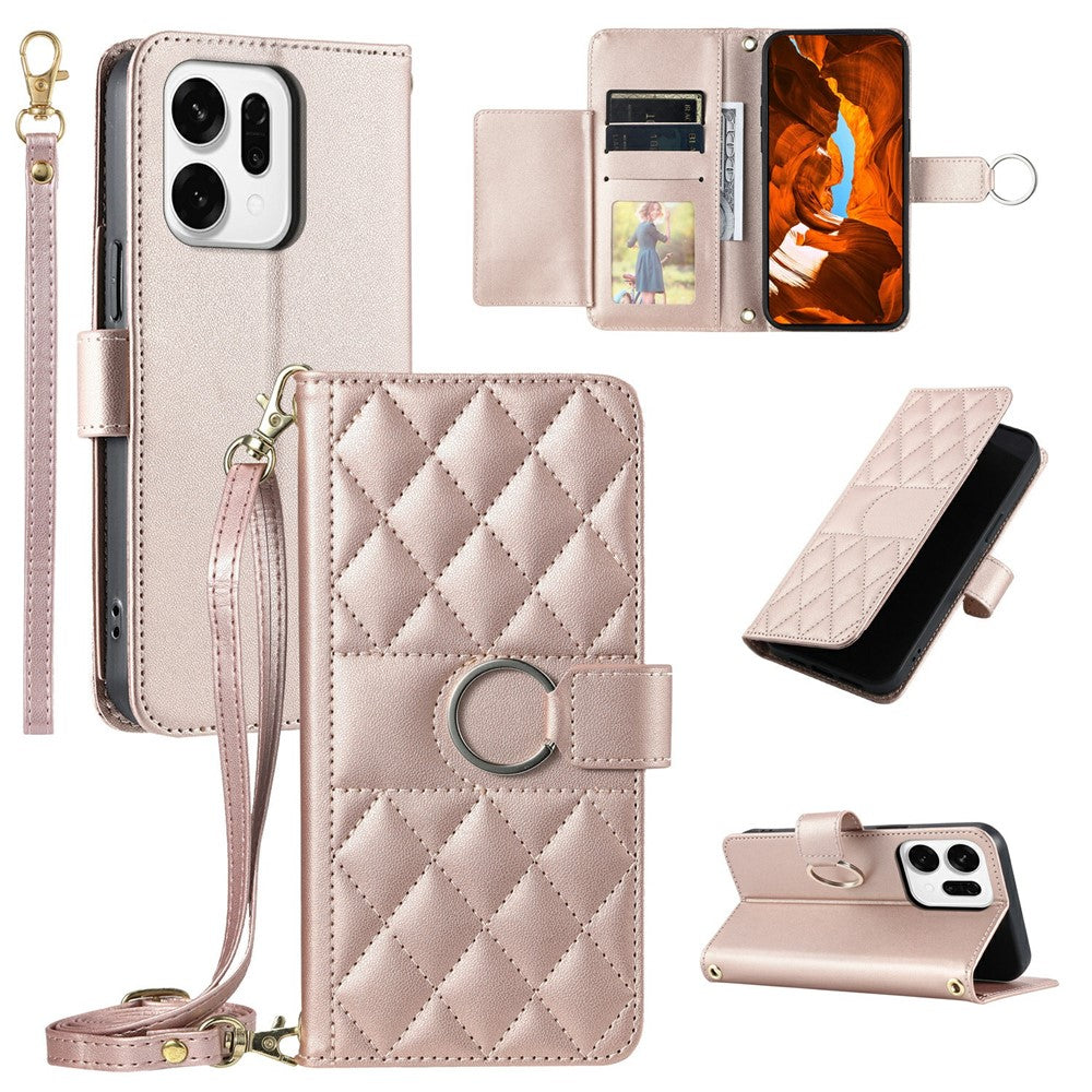 For Oppo Reno14 Pro 5G (Global) Case Ring Buckle Wallet Stand Rhombus Crossbody Leather Mobile Cover - Rose Gold
