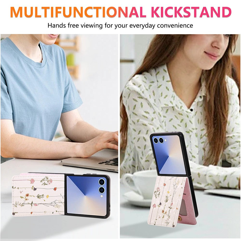 For Samsung Galaxy Z Flip7 5G Case Flower Leather PC RFID Blocking Phone Cover Card Slots - Dried Flower