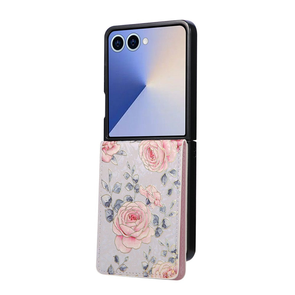For Samsung Galaxy Z Flip7 5G Case Flower Leather PC RFID Blocking Phone Cover Card Slots - Rose