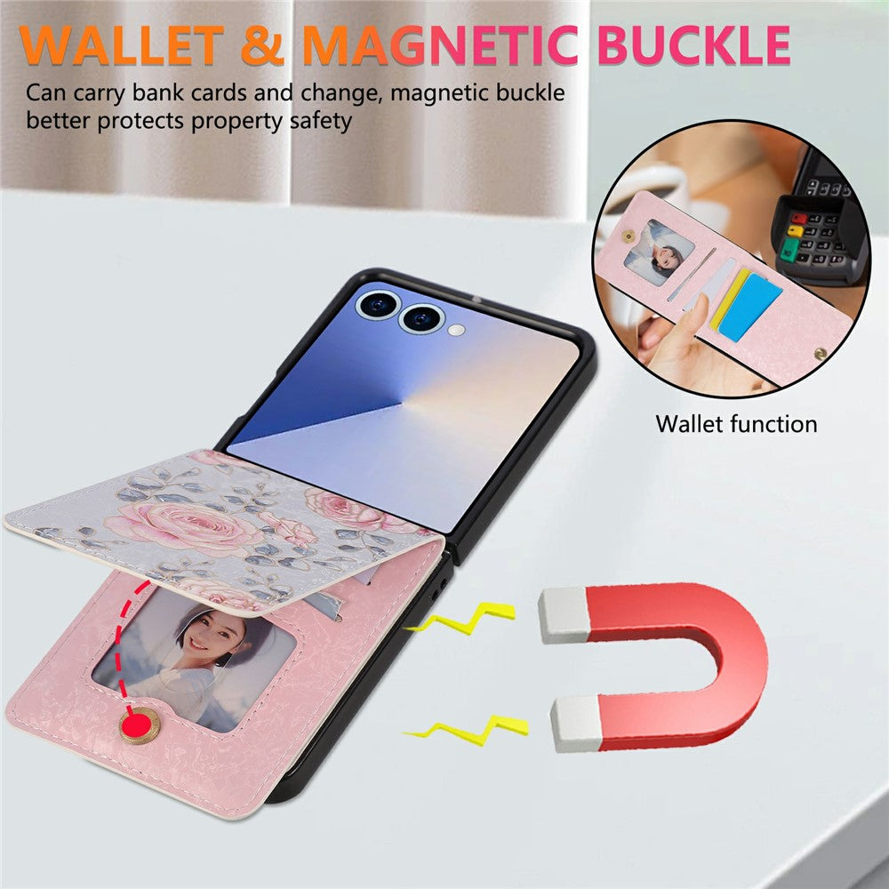 For Samsung Galaxy Z Flip7 5G Case Flower Leather PC RFID Blocking Phone Cover Card Slots - Rose