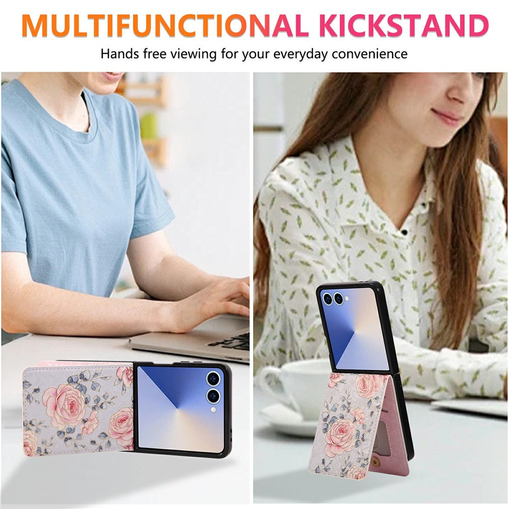 For Samsung Galaxy Z Flip7 5G Case Flower Leather PC RFID Blocking Phone Cover Card Slots - Rose