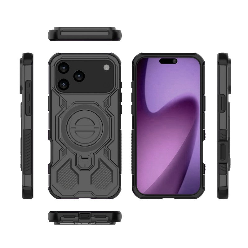 For iPhone 17 Pro Max Case Kickstand with 2Pcs Screen Film WANLONFENG KJ Series PC TPU Phone Cover (Big Lens Hole) - Black