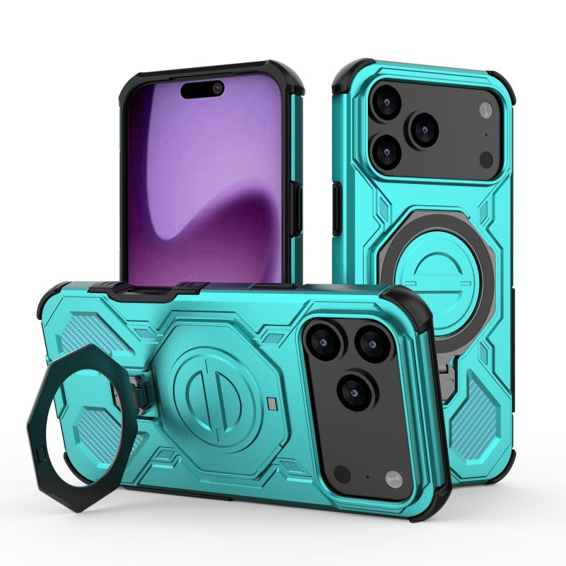 For iPhone 17 Pro Max Case Kickstand with 2Pcs Screen Film WANLONFENG KJ Series PC TPU Phone Cover (Big Lens Hole) - Green