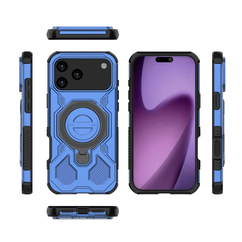For iPhone 17 Pro Max Case Kickstand with 2Pcs Screen Film WANLONFENG KJ Series PC TPU Phone Cover (Big Lens Hole) - Blue