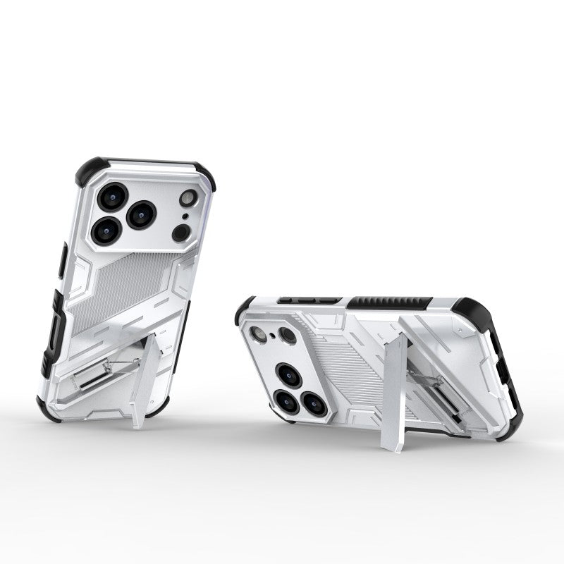 For iPhone 17 Pro Max Case with 2Pcs Tempered Glass WANLONFENG KK Series PC TPU Phone Cover Kickstand Precise Cutouts - Silver