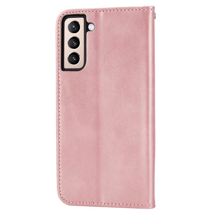 For Samsung Galaxy S21 FE 5G Calf Texture Imprinted Rhombus Pattern PU Leather Case Stand Wallet Magnetic Auto Closing Cover with Strap - Rose Gold