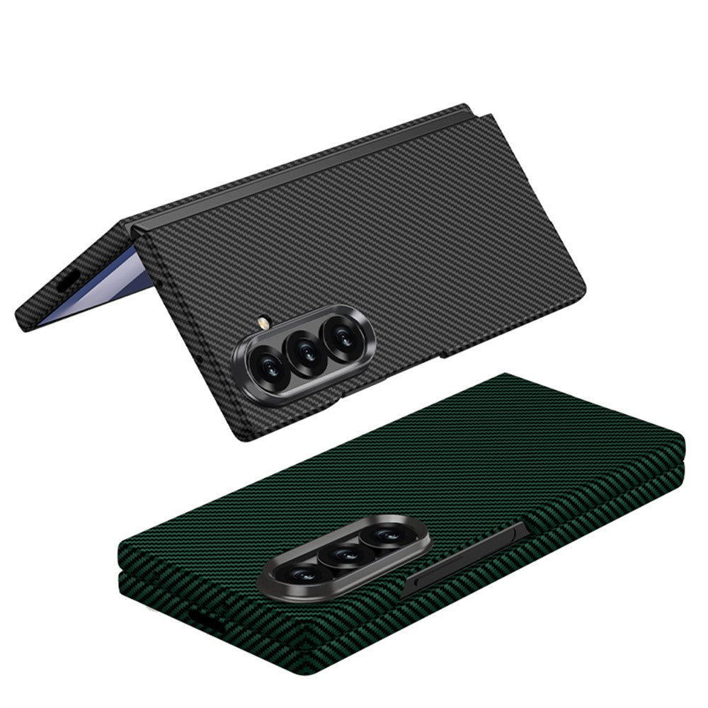 GKK For Samsung Galaxy Z Fold7 5G Case Carbon Fiber Texture PC Tempered Glass Slim Phone Cover with Metal Lens Frame - Green