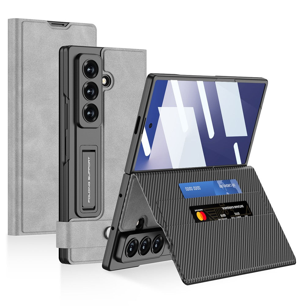 GKK For Samsung Galaxy Z Fold7 5G Case Matte PU + PC + Tempered Glass Wallet Phone Cover with Stand - Grey