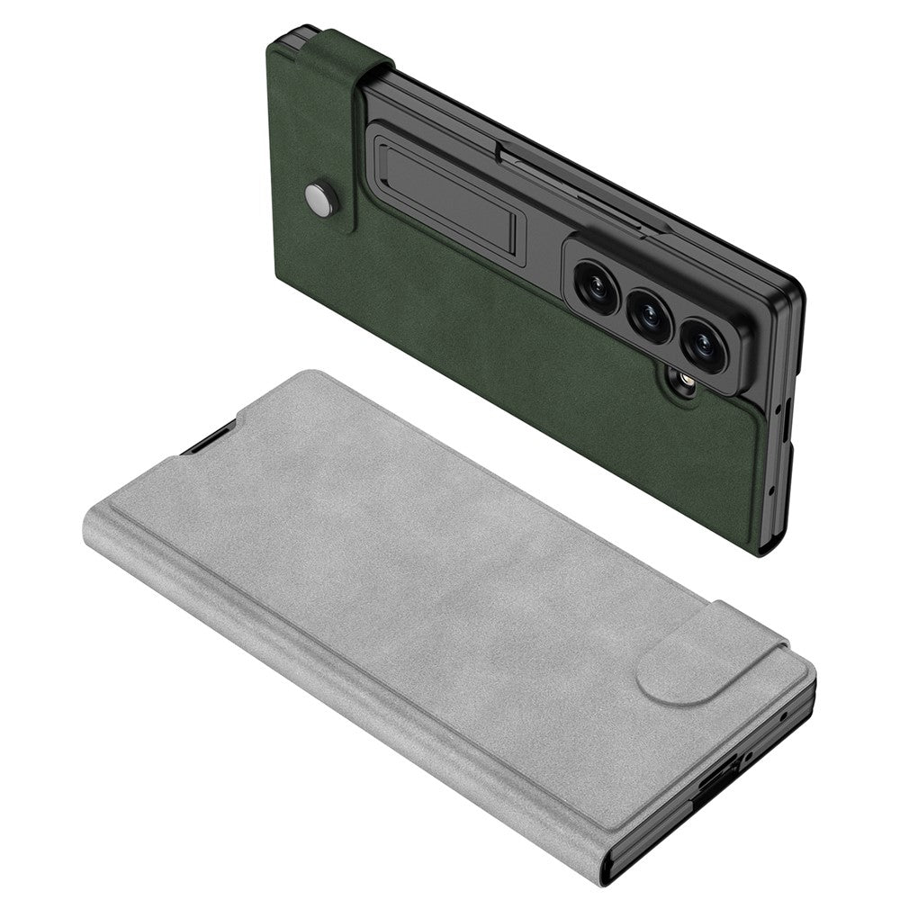 GKK For Samsung Galaxy Z Fold7 5G Case Matte PU + PC + Tempered Glass Wallet Phone Cover with Stand - Grey