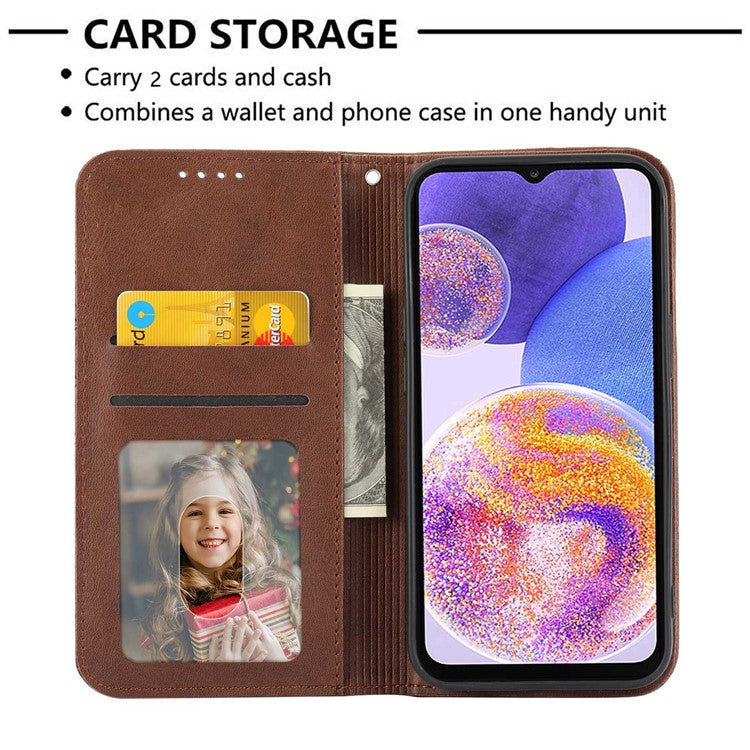 For Samsung Galaxy S22 5G Imprinted Rhombus Pattern Wallet Stand Phone Case Calf Texture PU Leather Shockproof Cover with Strap - Brown
