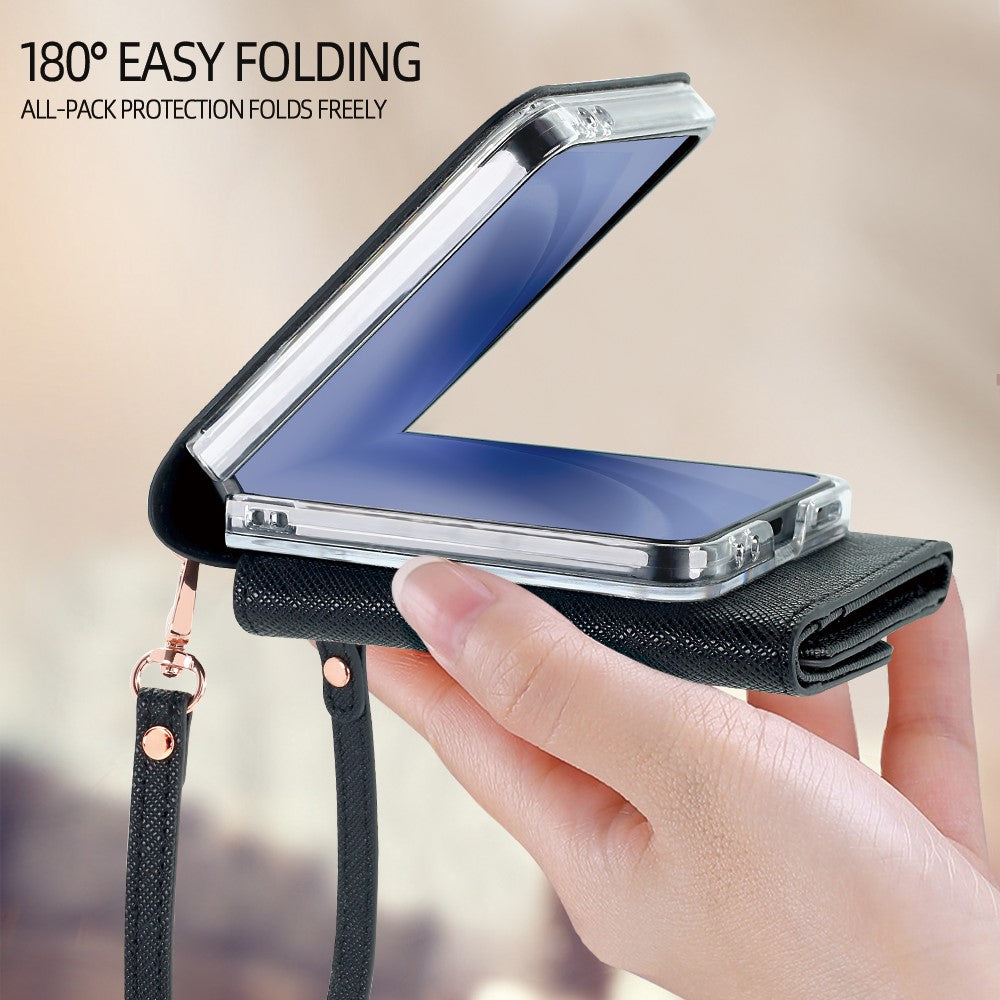 For Samsung Galaxy Z Flip7 5G Wallet Case PU + PC Shockproof Phone Cover with Wrist Strap - Black