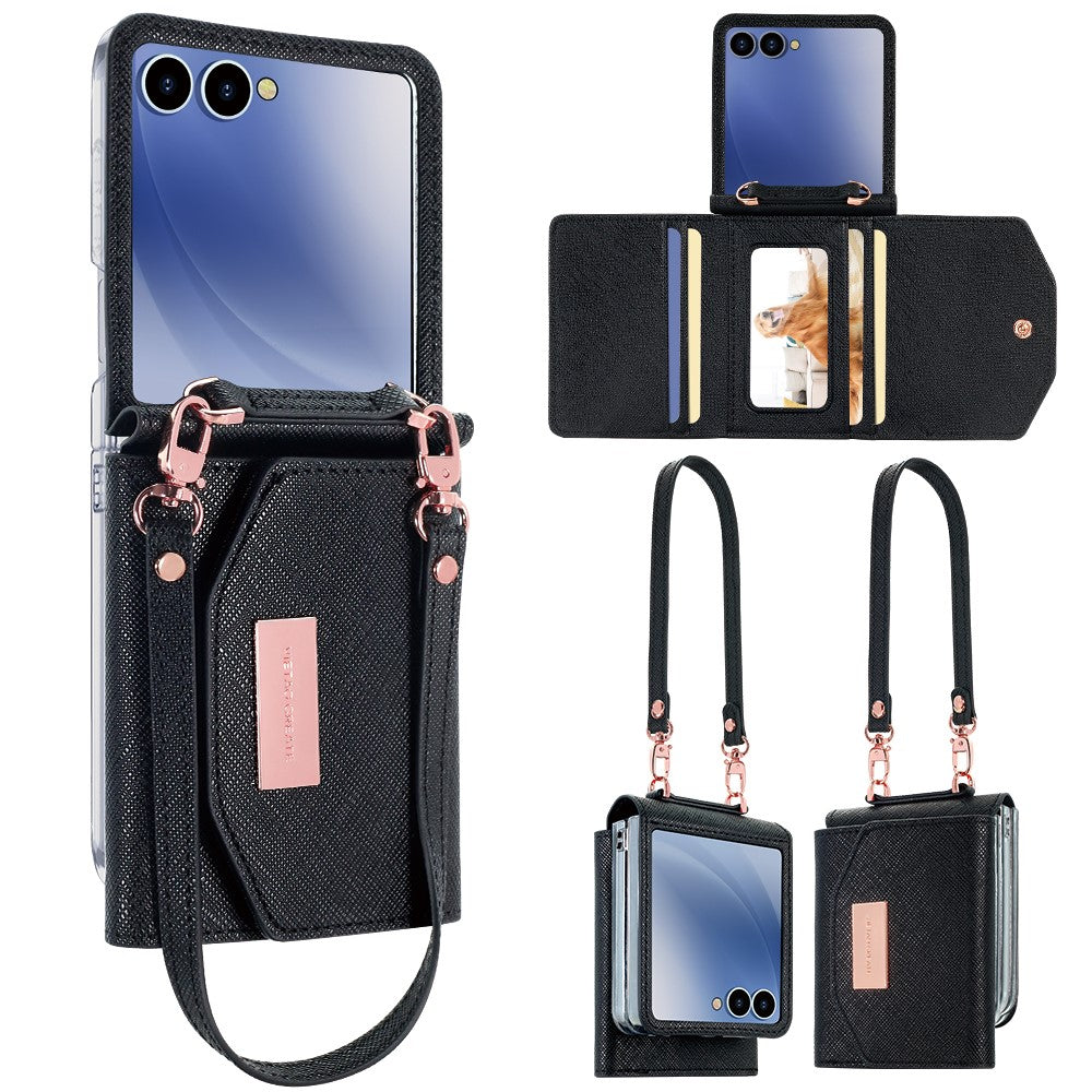 For Samsung Galaxy Z Flip7 5G Wallet Case PU + PC Shockproof Phone Cover with Wrist Strap - Black