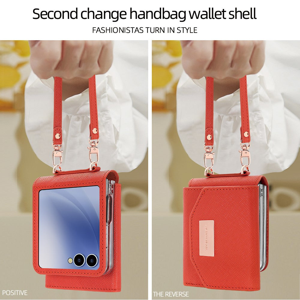 For Samsung Galaxy Z Flip7 5G Wallet Case PU + PC Shockproof Phone Cover with Wrist Strap - Orange