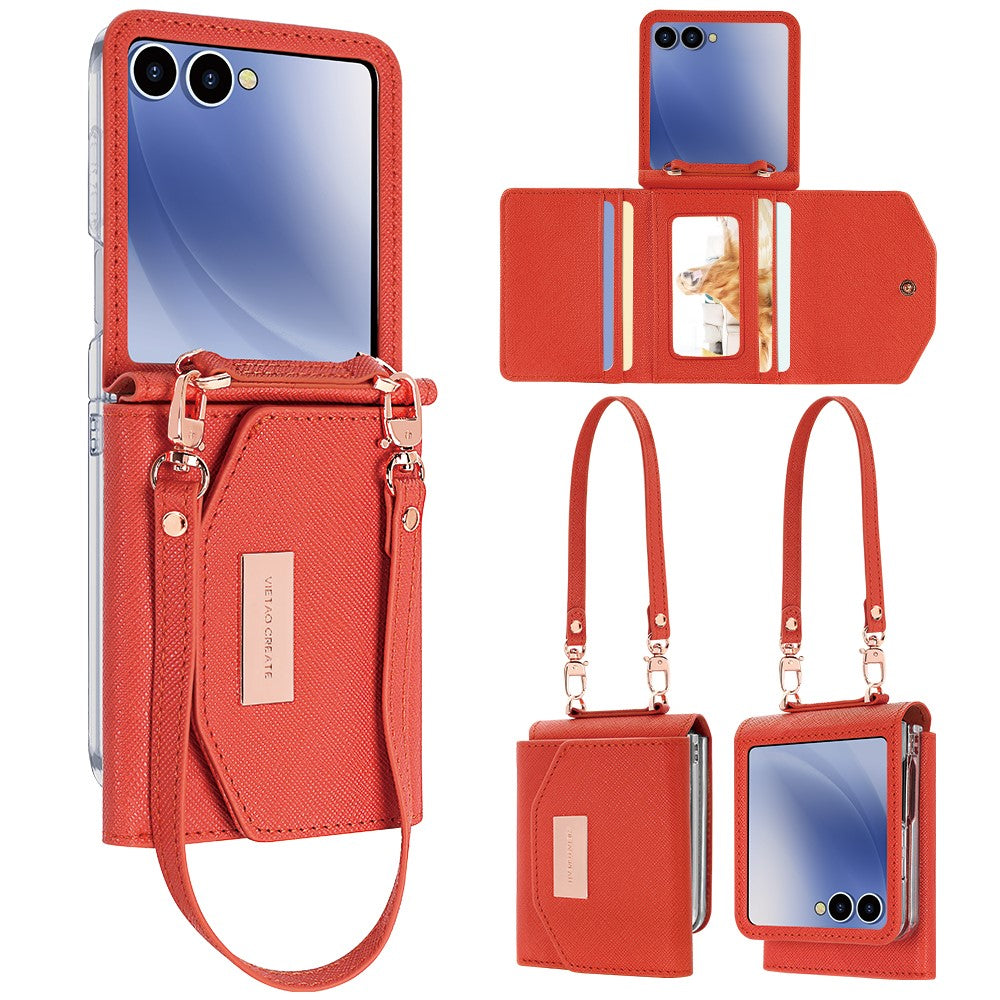 For Samsung Galaxy Z Flip7 5G Wallet Case PU + PC Shockproof Phone Cover with Wrist Strap - Orange