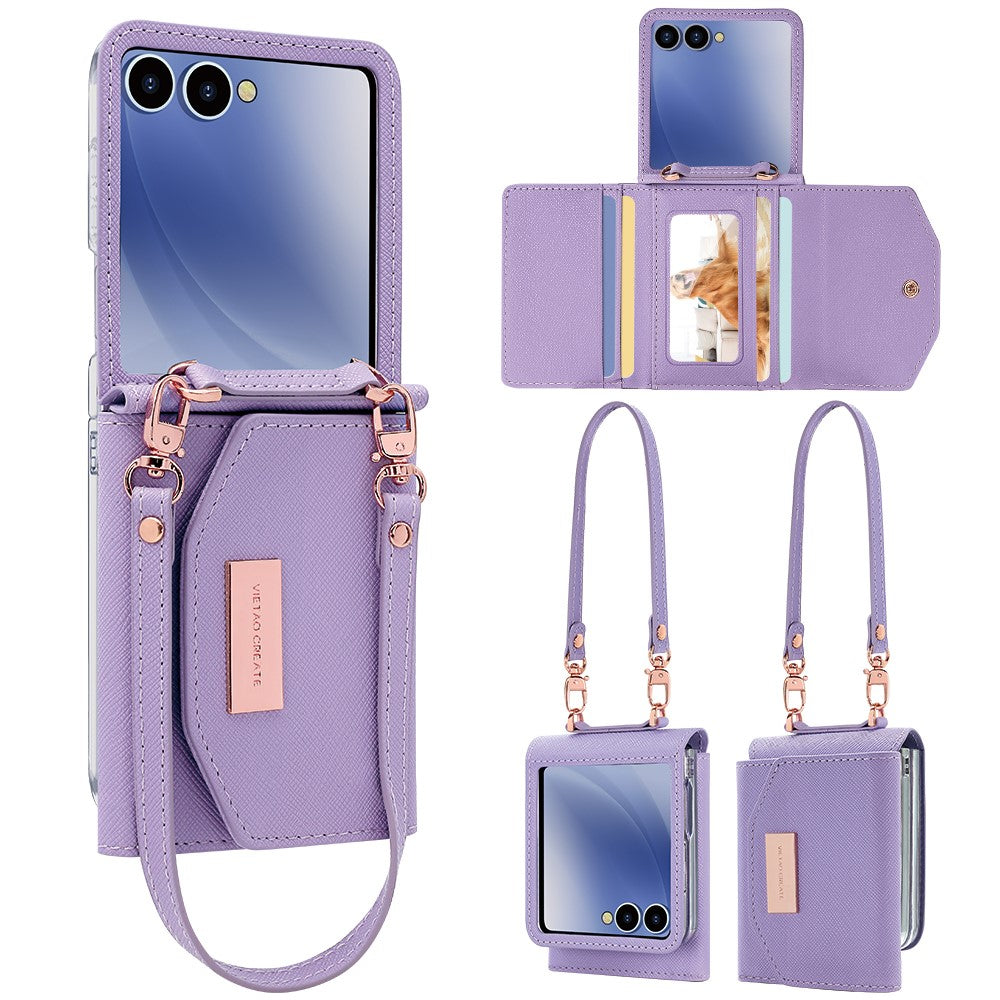 For Samsung Galaxy Z Flip7 5G Wallet Case PU + PC Shockproof Phone Cover with Wrist Strap - Purple