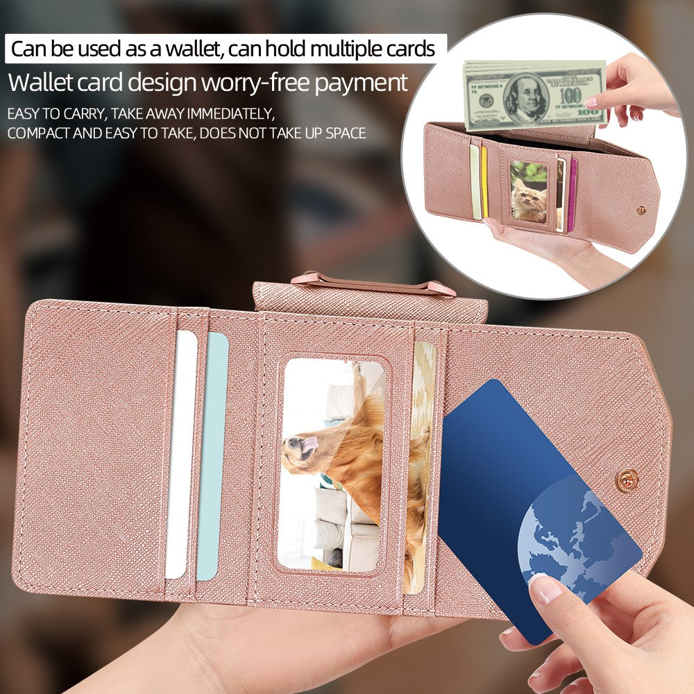 For Samsung Galaxy Z Flip7 5G Wallet Case PU + PC Shockproof Phone Cover with Wrist Strap - Rose Gold