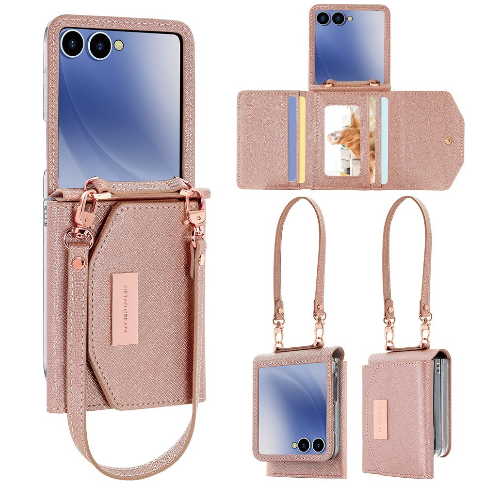 For Samsung Galaxy Z Flip7 5G Wallet Case PU + PC Shockproof Phone Cover with Wrist Strap - Rose Gold