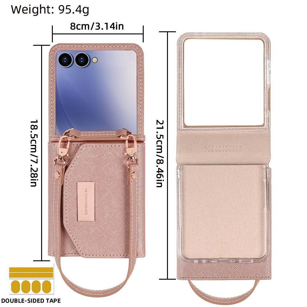 For Samsung Galaxy Z Flip7 5G Wallet Case PU + PC Shockproof Phone Cover with Wrist Strap - Rose Gold