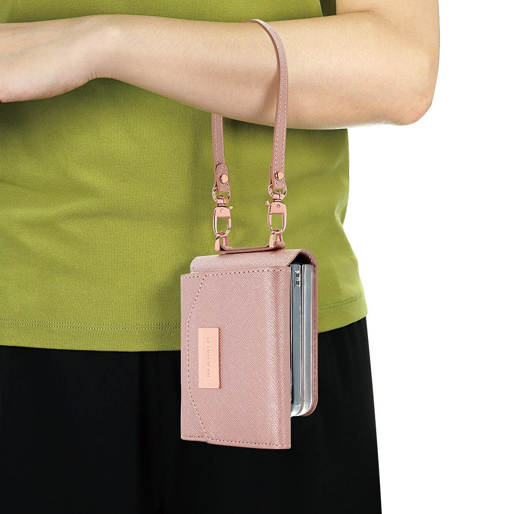 For Samsung Galaxy Z Flip7 5G Wallet Case PU + PC Shockproof Phone Cover with Wrist Strap - Rose Gold