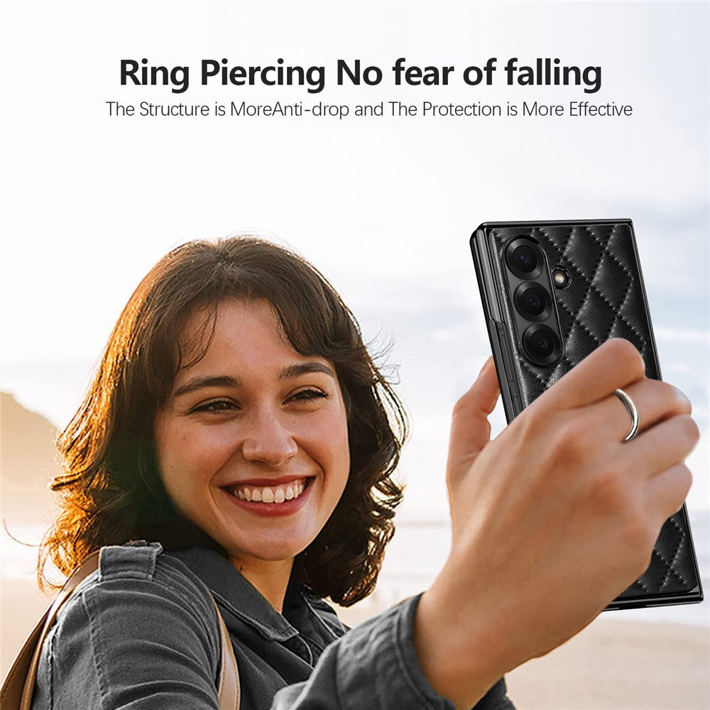 For Samsung Galaxy Z Fold7 5G Case Rhombus Grid Phone Cover with Tempered Glass Film - Black