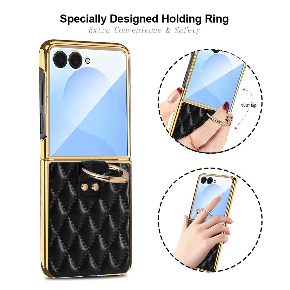For Samsung Galaxy Z Flip7 5G Case Rhombus Grid Phone Cover with Tempered Glass Film - Blackish Green