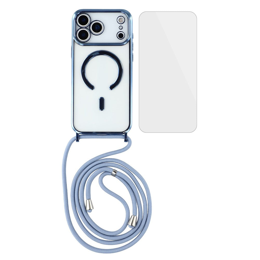 For iPhone 17 Pro Max Case Compatible with MagSafe Electroplating Edge TPU Phone Cover with Screen Film / Shoulder Strap - Blue