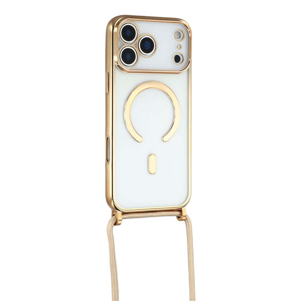 For iPhone 17 Pro Max Case Compatible with MagSafe Electroplating Edge TPU Phone Cover with Screen Film / Shoulder Strap - Gold