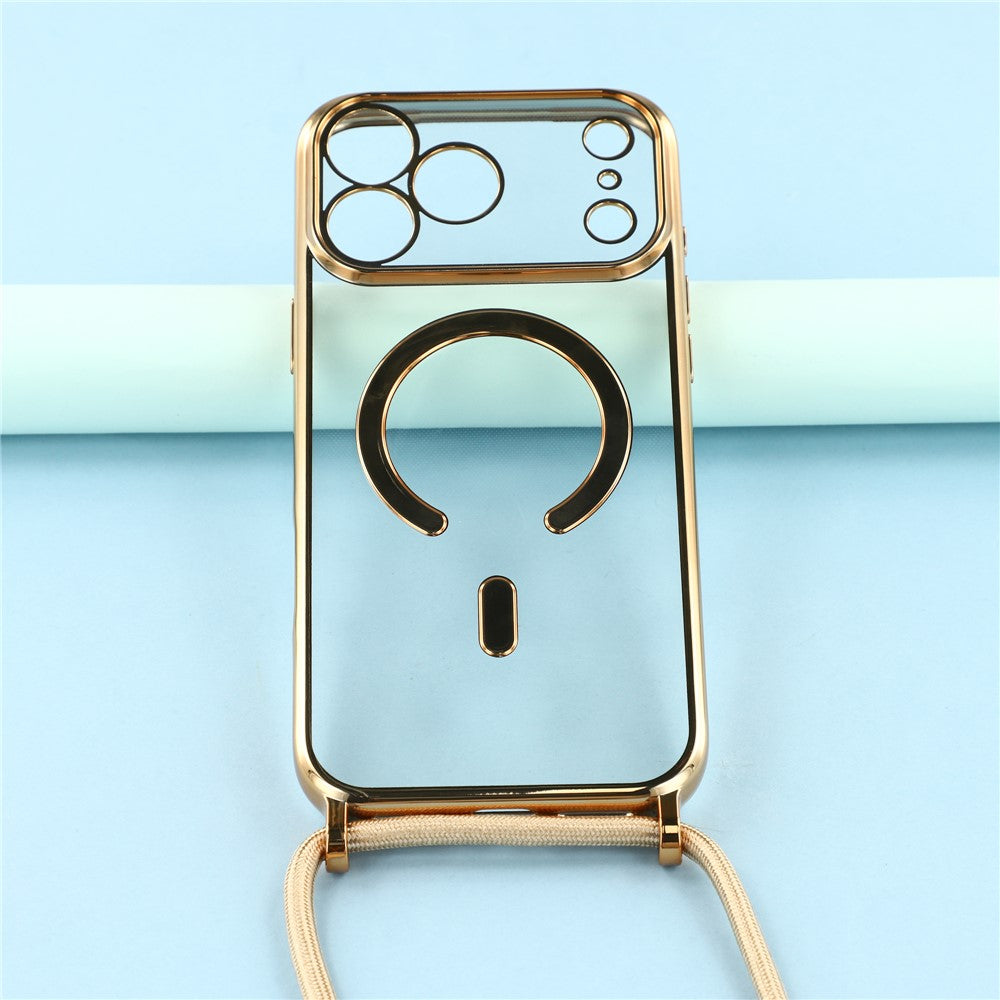 For iPhone 17 Pro Max Case Compatible with MagSafe Electroplating Edge TPU Phone Cover with Screen Film / Shoulder Strap - Gold