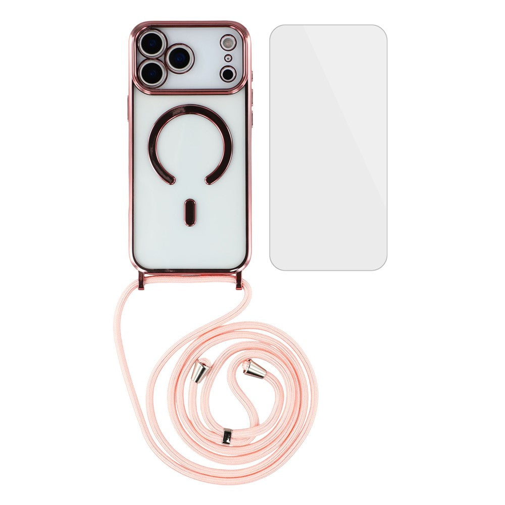 For iPhone 17 Pro Max Case Compatible with MagSafe Electroplating Edge TPU Phone Cover with Screen Film / Shoulder Strap - Pink