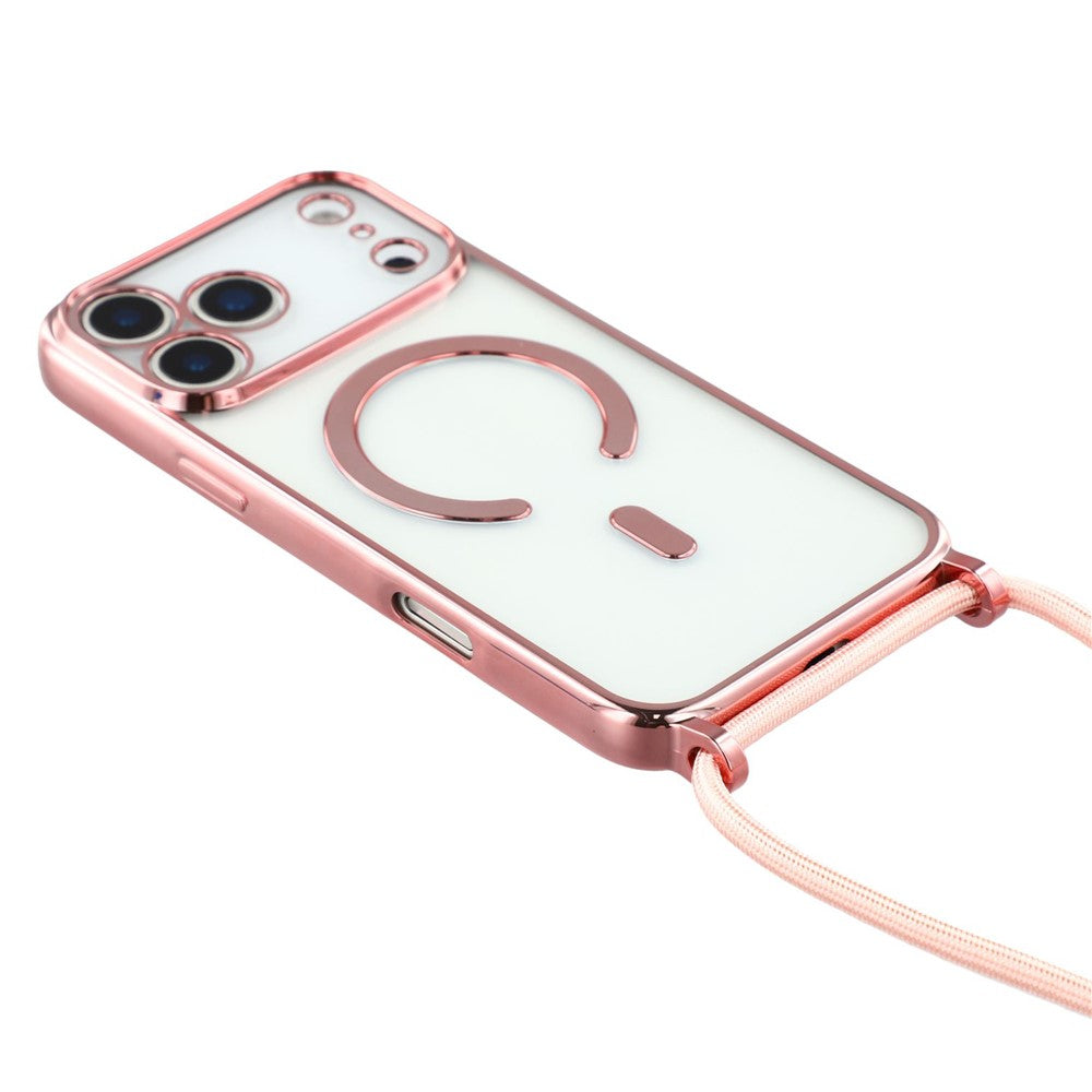 For iPhone 17 Pro Max Case Compatible with MagSafe Electroplating Edge TPU Phone Cover with Screen Film / Shoulder Strap - Pink