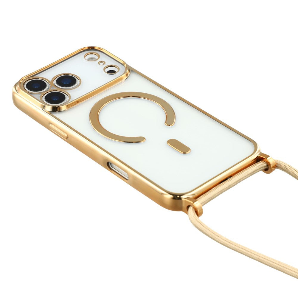 For iPhone 17 Pro Max Case Compatible with MagSafe Electroplating Edge TPU Phone Cover with Shoulder Strap - Gold