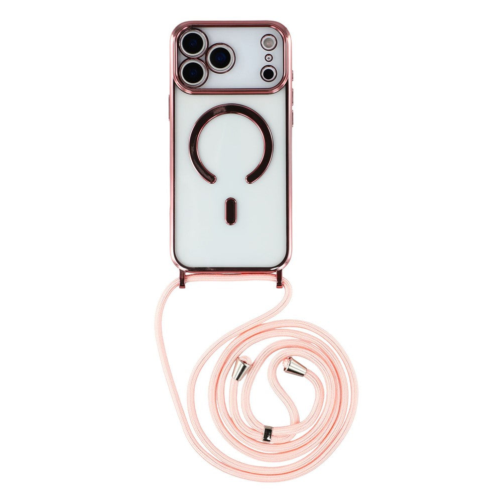 For iPhone 17 Pro Max Case Compatible with MagSafe Electroplating Edge TPU Phone Cover with Shoulder Strap - Pink