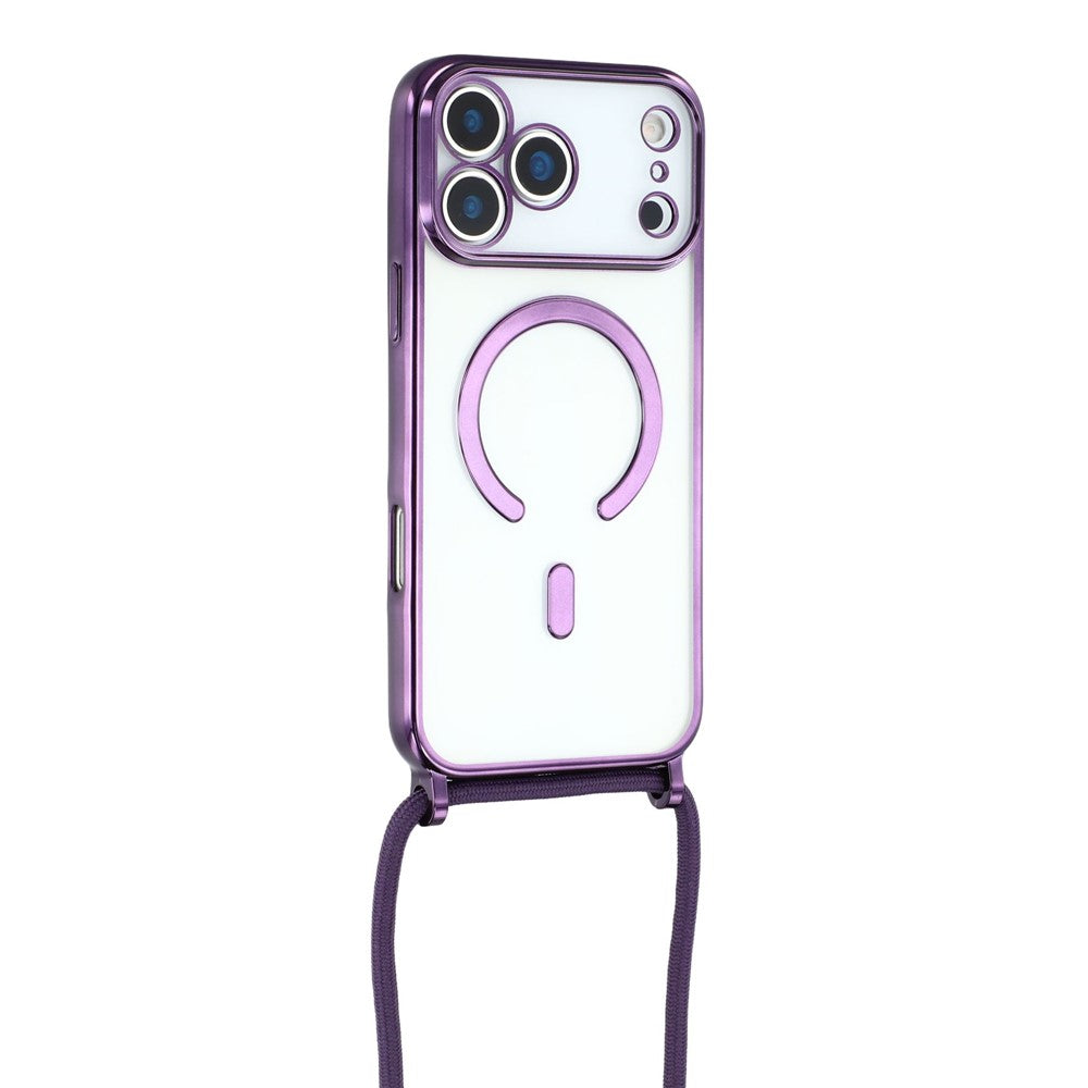 For iPhone 17 Pro Max Case Compatible with MagSafe Electroplating Edge TPU Phone Cover with Shoulder Strap - Purple