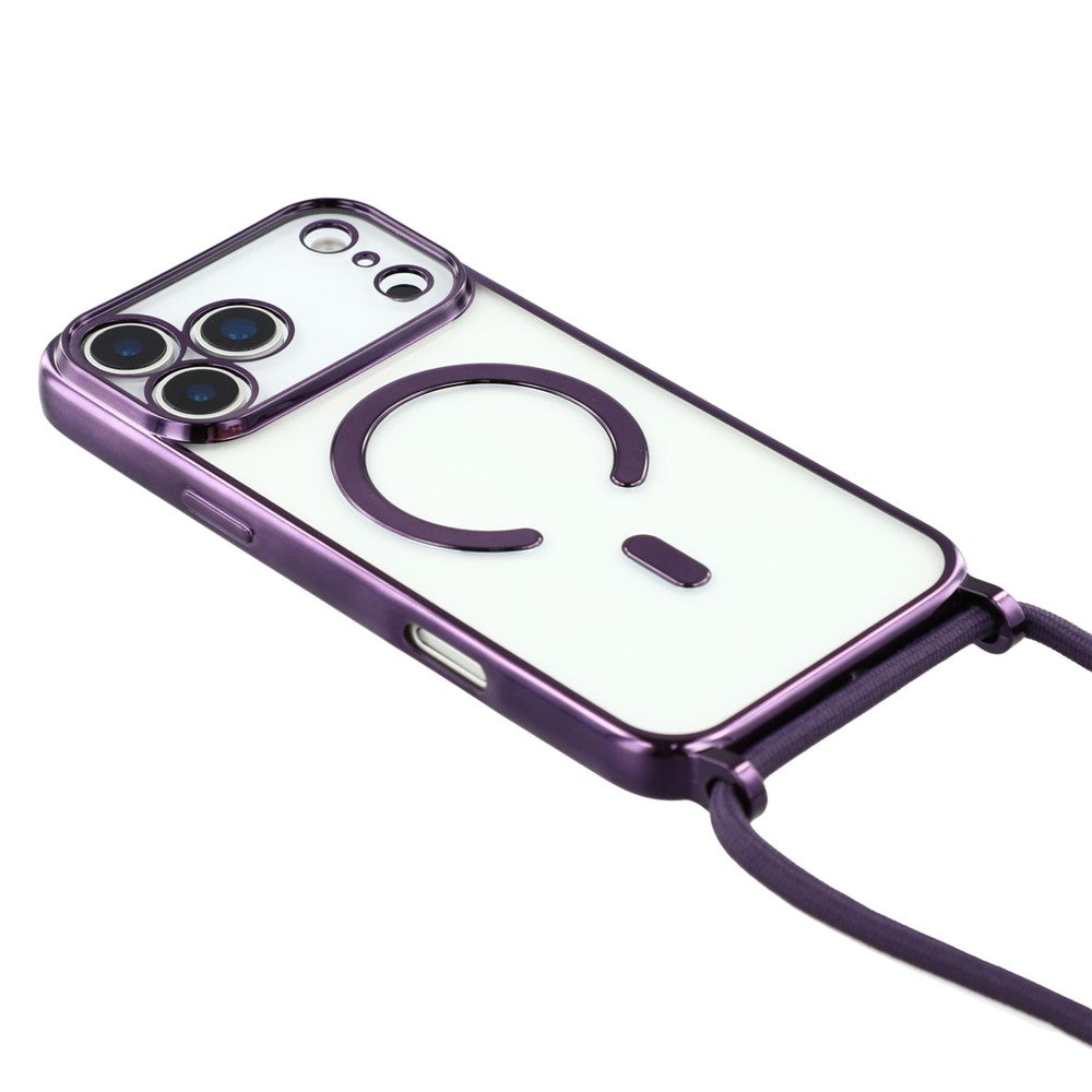 For iPhone 17 Pro Max Case Compatible with MagSafe Electroplating Edge TPU Phone Cover with Shoulder Strap - Purple