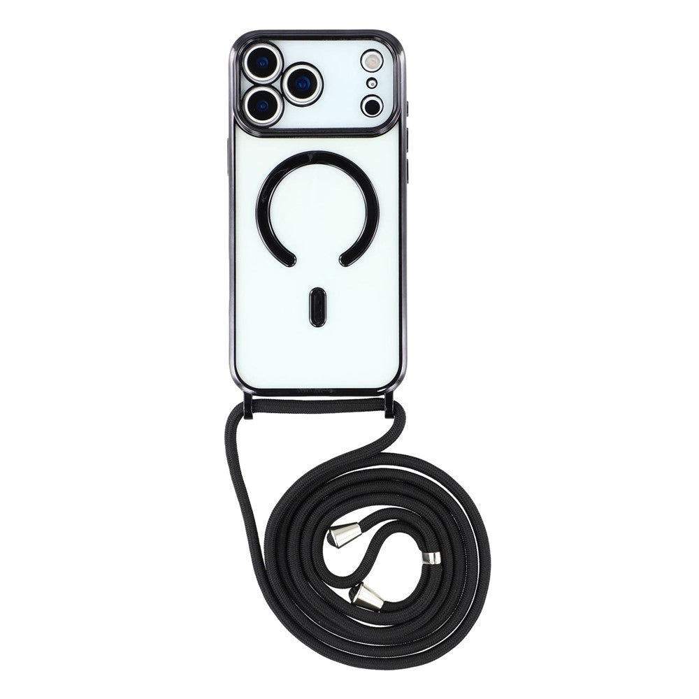 For iPhone 17 Pro Max Case Compatible with MagSafe Electroplating Edge TPU Phone Cover with Shoulder Strap - Black