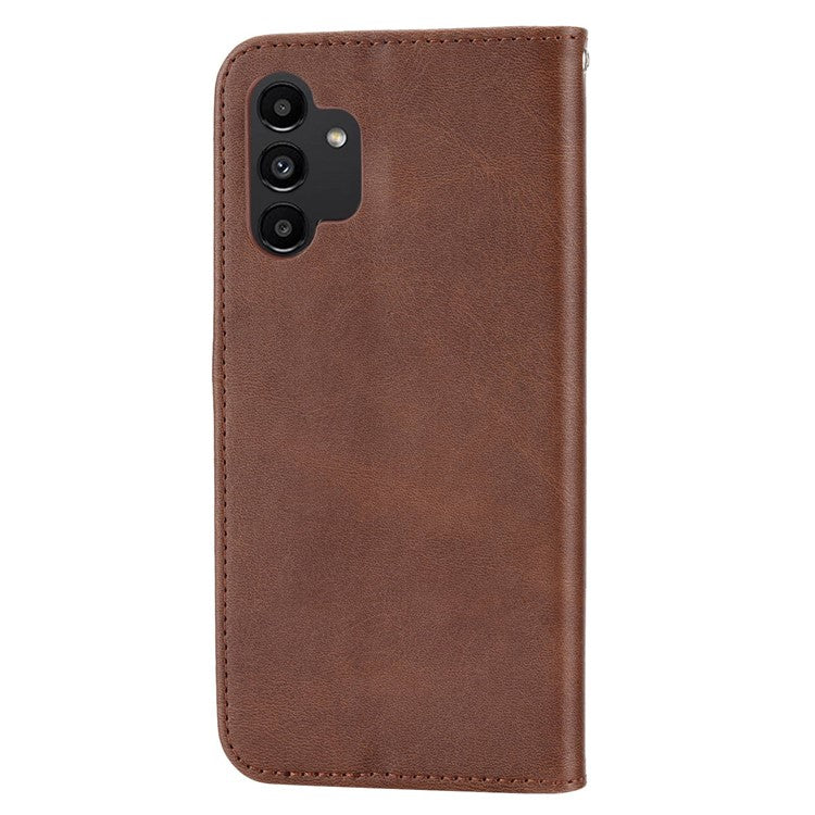 For Samsung Galaxy A32 5G / M32 5G Shockproof Calf Texture Wallet Stand Phone Case PU Leather Imprinted Rhombus Pattern Protective Phone Cover with Strap - Brown