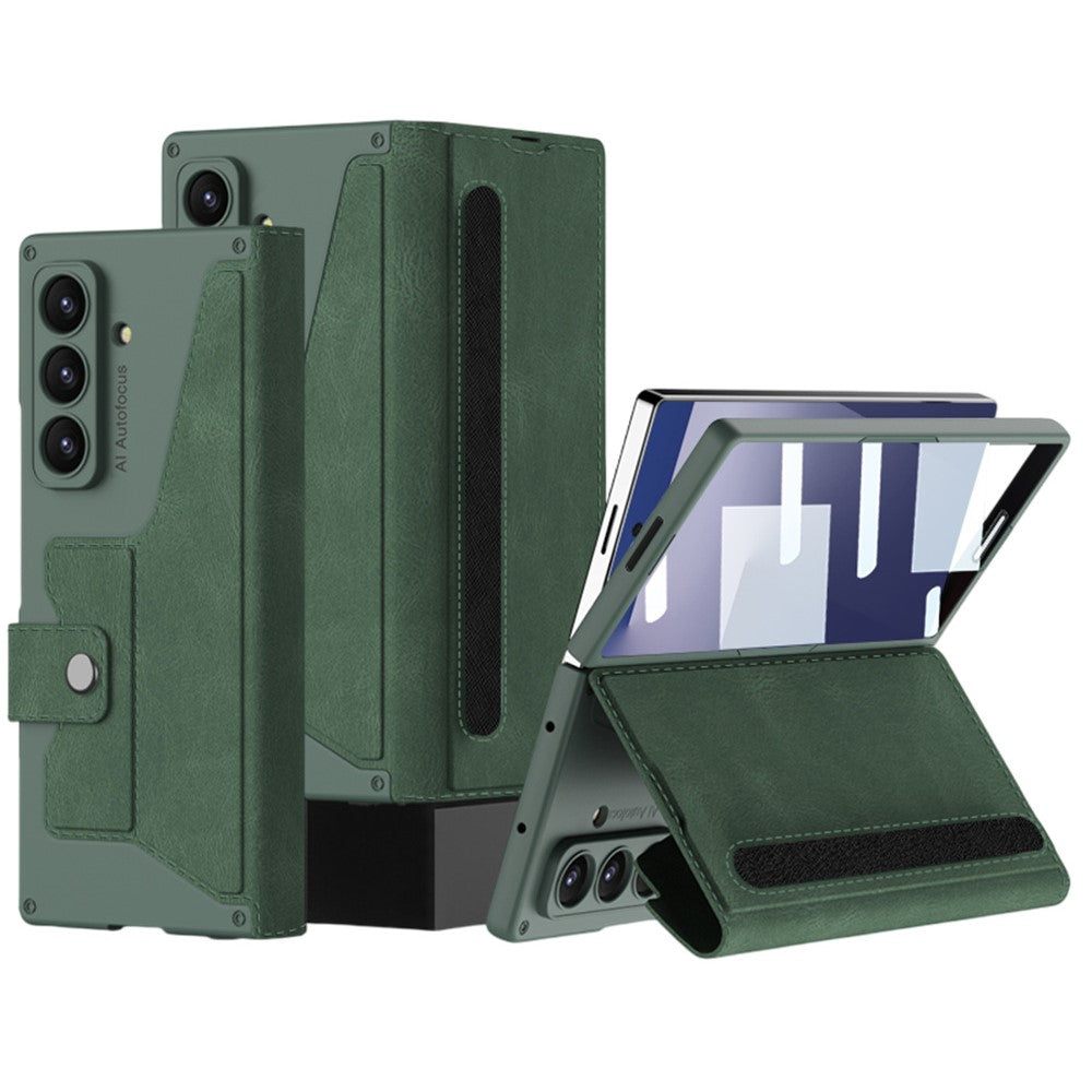 GKK For Samsung Galaxy Z Fold7 5G Stand Case with Card Holder PU PC Tempered Glass Phone Cover Magnetic Closure - Green