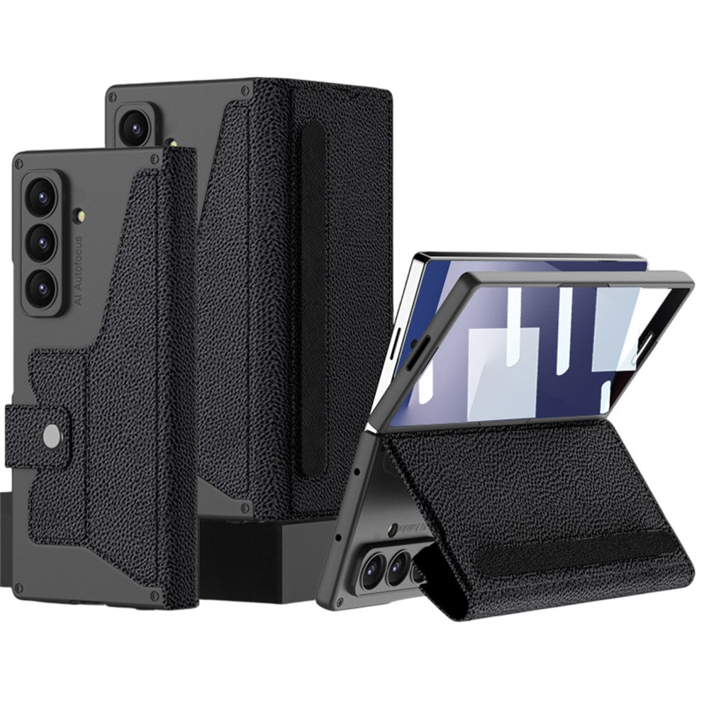 GKK For Samsung Galaxy Z Fold7 5G Stand Case with Card Holder PU PC Tempered Glass Phone Cover Magnetic Closure - Black / Litchi Texture