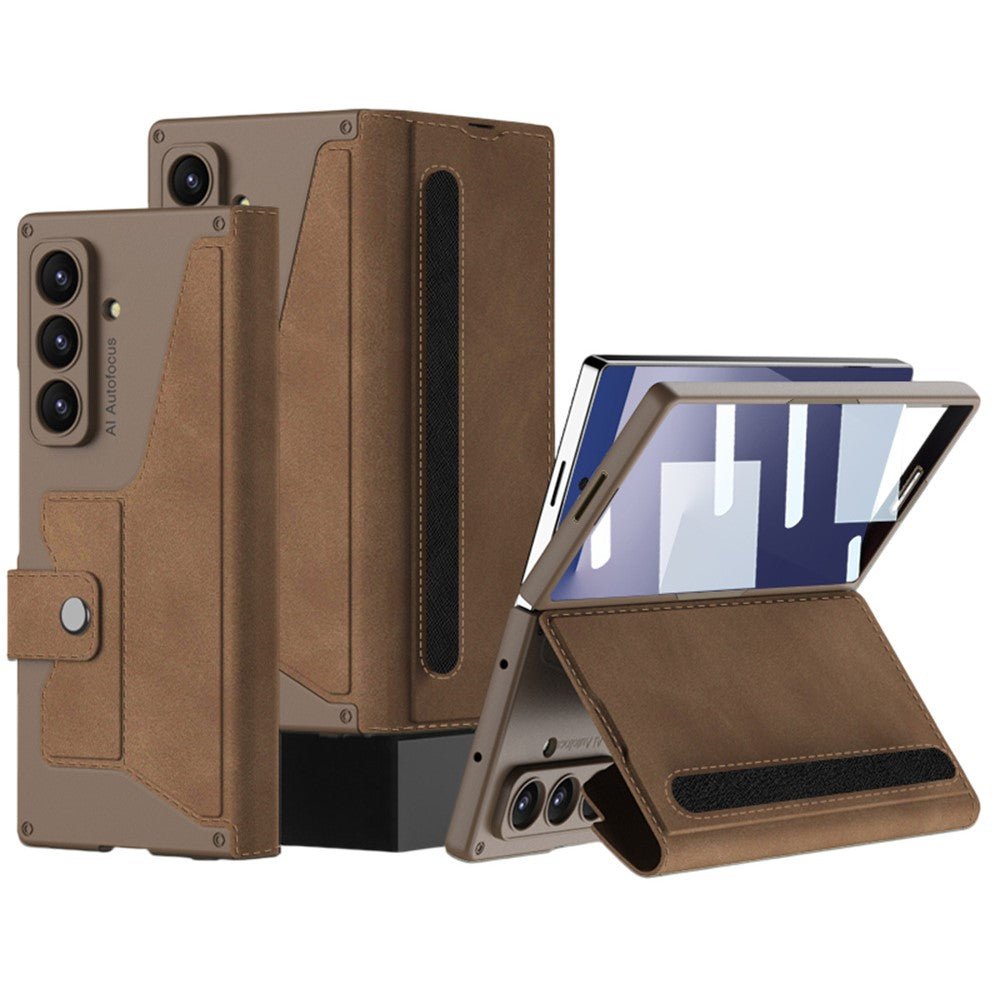 GKK For Samsung Galaxy Z Fold7 5G Stand Case with Card Holder PU PC Tempered Glass Phone Cover Magnetic Closure - Brown