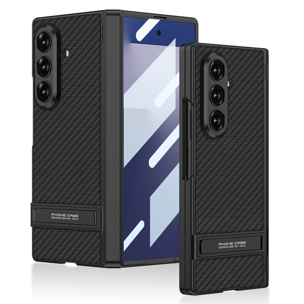 GKK For Samsung Galaxy Z Fold7 5G Kickstand Case Hinge Protection PU PC Tempered Glass Phone Cover - Carbon Fiber Texture