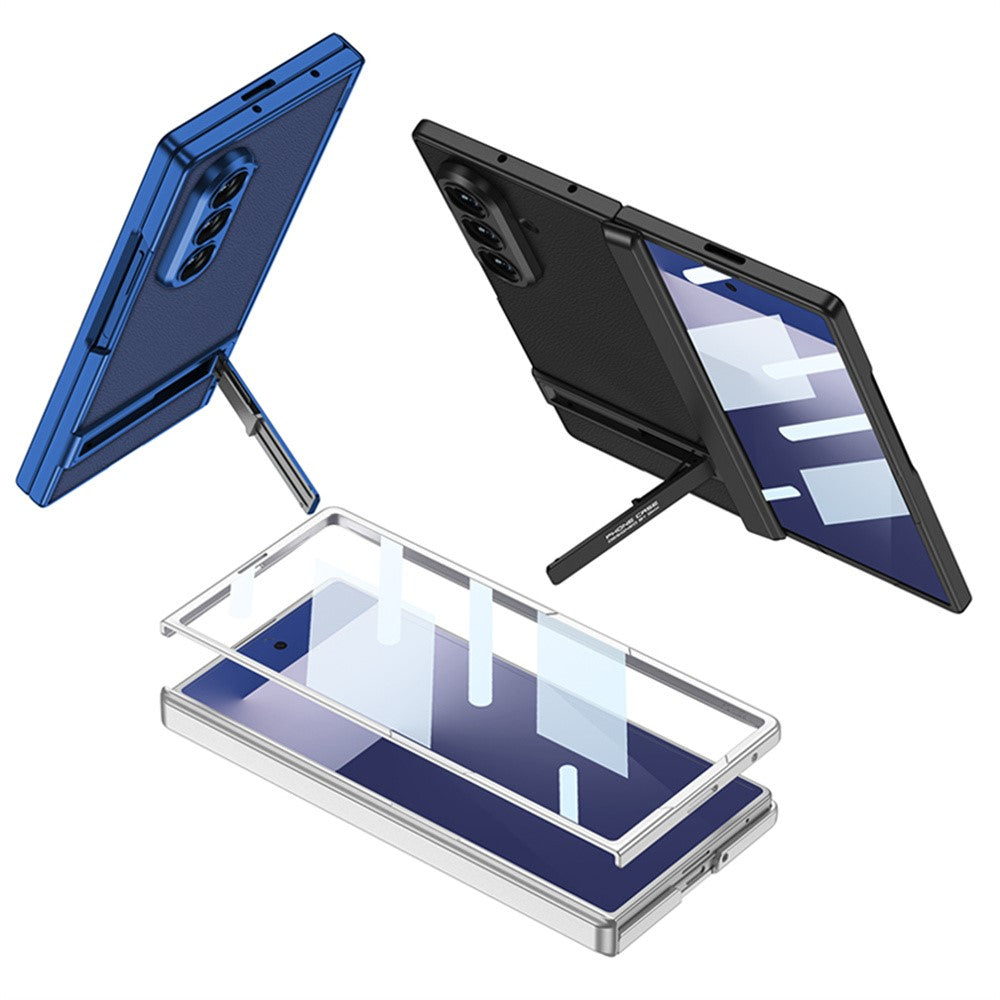 GKK For Samsung Galaxy Z Fold7 5G Kickstand Case Hinge Protection PU PC Tempered Glass Phone Cover - Black